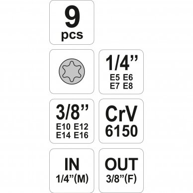 Galvučių rinkinys E-tipo 1/4" + 3/8" 5-16mm. 9vnt. 1