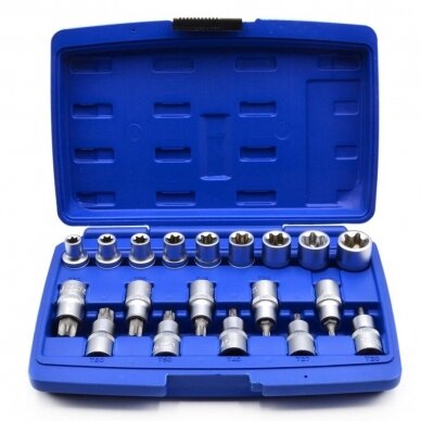 Galvučių rinkinys E-tipo 1/2" + antgaliai TORX 10-24mm 19vnt.