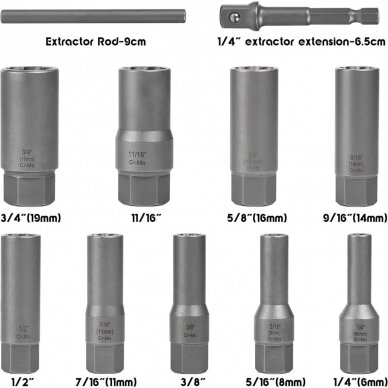 Galvučių rinkinys sugadintiems varžtams 3/8" 11vnt. 6-19mm 2