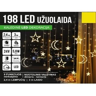 Girlianda užuolaida skaidriu laidu su nuotoliniu valdymu 2.4 x 1.1m 198LED 8 funkcijos Šiltai balta