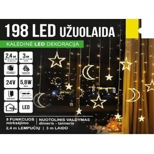 Girlianda užuolaida skaidriu laidu su nuotoliniu valdymu 2.4 x 1.1m 198LED 8 funkcijos Šiltai balta + balta