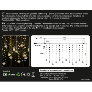 Girlianda užuolaida skaidriu laidu 1.6 x 1m 106LED Mėlyna + balta (20% baltos mirksinčios) 1