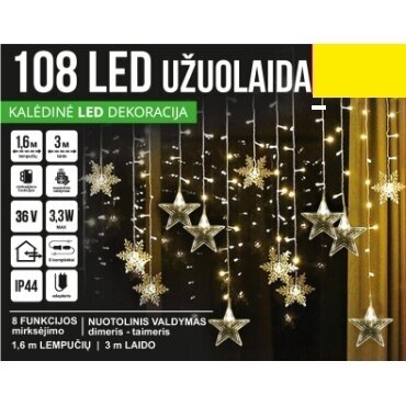 Girlianda užuolaida skaidriu laidu su nuotoliniu valdymu 1.6 x 1m 108LED 8 funkcijos Šiltai balta