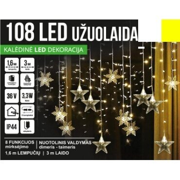 Girlianda užuolaida skaidriu laidu su nuotoliniu valdymu 1.6 x 1m 108LED 8 funkcijos Šiltai balta + balta