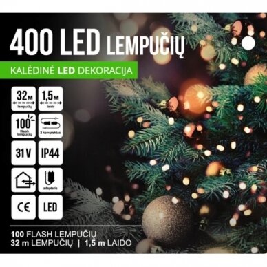 Girlianda 400LED Balta / Šiltai Balta + 25% baltos greitai mirksinčios spalvos 2