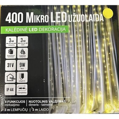 Girlianda užuolaida skaidriu laidu 3.2 x 2.4m 400 Micro LED Šiltai balta 1