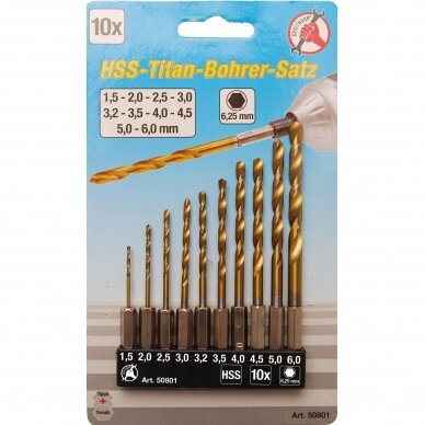 Grąžtų metalui rinkinys HEX antgalis 10vnt. 1.5-6.0mm HSS