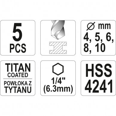 Grąžtų metalui rinkinys HEX antgalis 5vnt. 4-10mm HSS 2