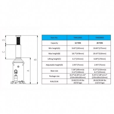 Hidraulinis domkratas vartomas 12T 245-478mm 1