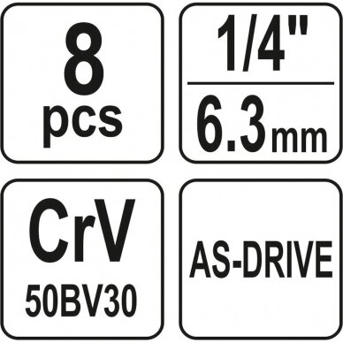 Galvučių rinkinys ilgų šešiakampių 1/4" 5.5-13mm. 8vnt. 2