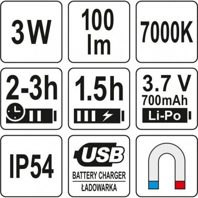 Lempa įkraunama su magnetu lanksti usb 3