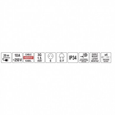 Ištraukiamas prailgintuvas 20m 3x1.5mm² 250V 1