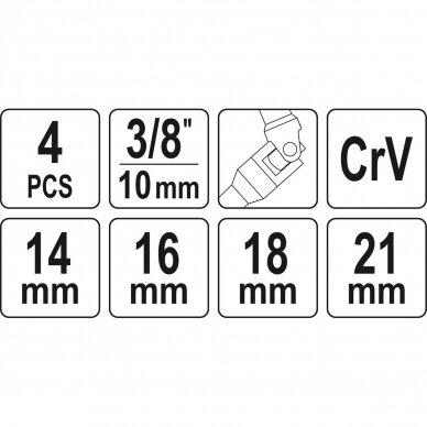 Šarnyrinių galvučių kaitinimo žvakėms rinkinys 3/8" 14/16/18/21mm 4vnt. 3