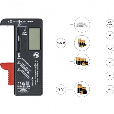 Skaitmeninis baterijų testeris 1.5V / 9V 1