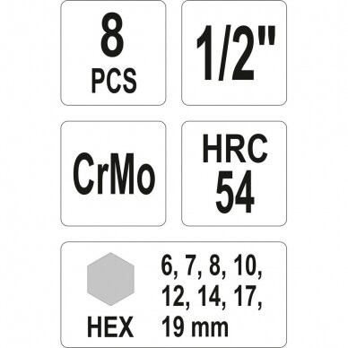 Smūginių antgalių rinkinys hex 1/2" 5-19mm 8vnt. 1